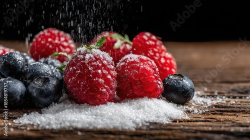 Fresh Red Raspberries and Blueberries with Sugar Sprinkle on Wooden Table Against Dark Background