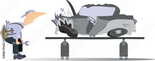 Cartoon mechanic with a big wrench stands near smashed car on the car lift