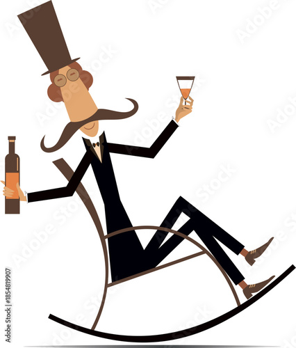 Let us celebrate. Man sits in the rocking chair with a bottle of champagne or wine