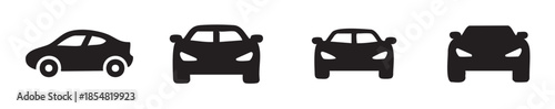 Four black car vehicle icons representing modern transportation and automotive industry symbols for various digital designs and applications.