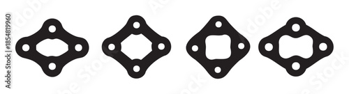 Industrial gaskets and mechanical components featuring diverse central cutouts and bolt holes, arranged in a horizontal row, illustrating various design possibilities for engineering applications.