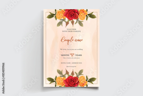 WEDDING INVITATION FRAME WITH FLOWER DECORATIONS AND FRESH LEAVES