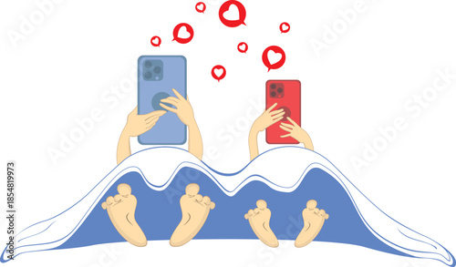 Love online. Love couple in the bed with smartphones