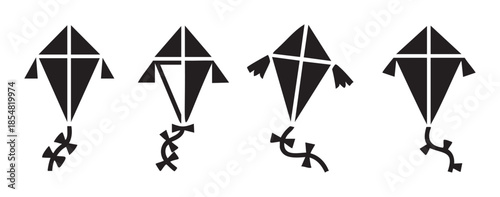 Four black silhouette kites with various tail designs are arranged horizontally, representing playful outdoor activities and freedom.