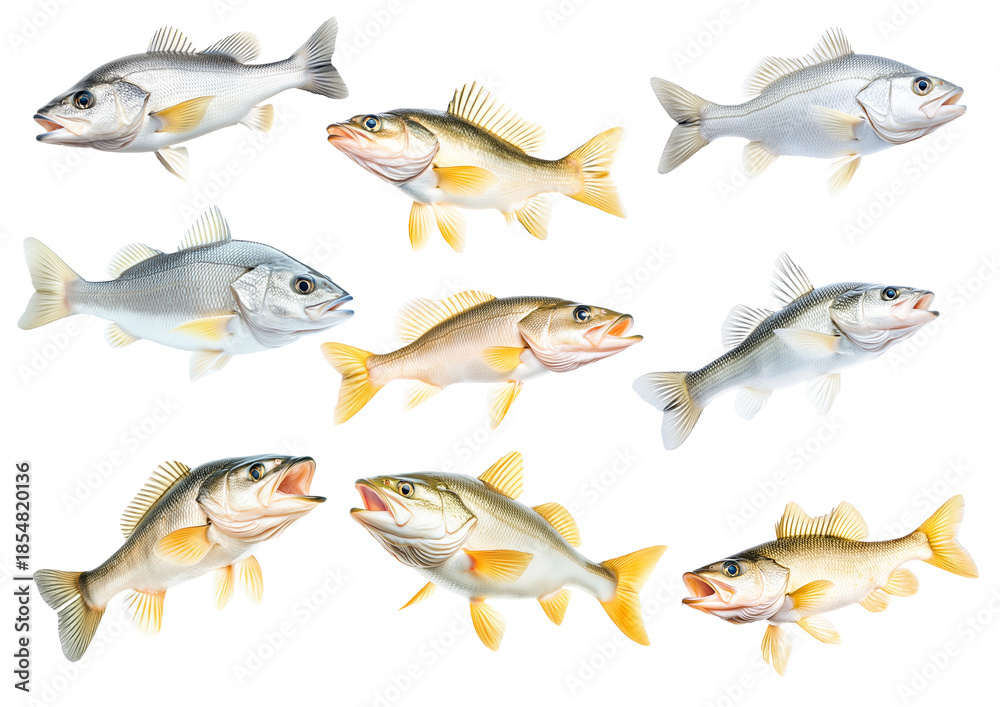 Fototapeta premium Set of Freshwater Walleye fish with vivid golden fins and detailed scales isolated on white transparent background