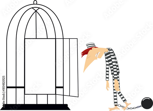 Striped clothing sad prisoner man goes to cage