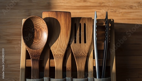 Bamboo kitchen utensils set with spoon, spatula, and tongs arranged neatly, warm natural lighting highlighting eco-friendly material, sustainable cooking tools for modern kitchens.