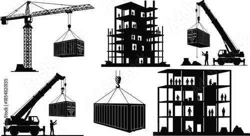 Construction crane and mobile crane silhouettes lifting containers, high rise building framework, industrial construction site activities, engineering labor scen