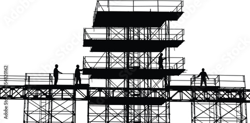 Construction scaffolding silhouette with workers, industrial building framework, safety platforms and steel structures, high rise development site, black vector illustration