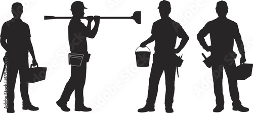 Construction worker silhouette, laborer vector illustration, manual work sketch, industrial tools outline, bucket carrying drawing, tool belt design, building site icons, cad 