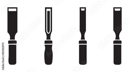 Four woodworking chisels are displayed in a row, showcasing various designs and blade types essential for carving and shaping wood.