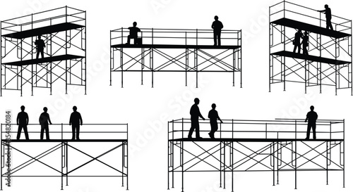 Construction scaffolding worker silhouettes, industrial platform teamwork scenes, elevated working safety, building maintenance structure, engineering labor activities, black flat vector illustration