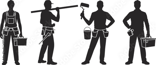 Construction worker silhouette, laborer vector illustration, toolbox carrying sketch, paint roller drawing, bucket holding outline, tool belt design, building site icons, industrial job sketch