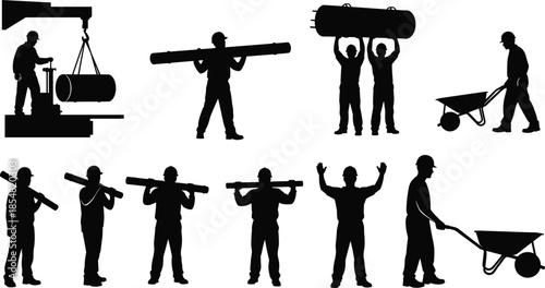 Construction worker silhouettes set, heavy material lifting and transport activities, industrial labor teamwork, safety helmets, building site operations, black vector illustration