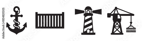 Maritime shipping port icons vector illustration set depicting an anchor, cargo container, lighthouse, and crane for global logistics and navigation concepts.