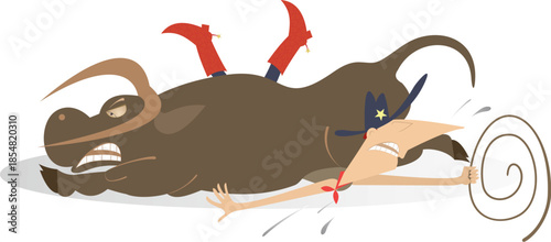 Farmer or cowboy with lasso lays under the bull. Isolated on white background