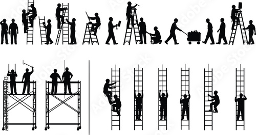 Construction worker silhouettes set, ladder climbing and scaffolding activities, teamwork and maintenance tasks, industrial safety operations, black flat vector illustration