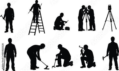 Construction worker silhouettes set, surveying and repair activities, ladder and tool usage, industrial teamwork scenes, safety helmets, black flat vector illustration