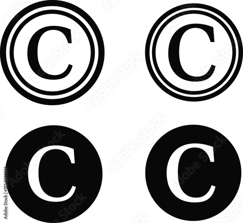 Copyright symbol variations, bold C inside circle, concentric outlines, solid black circle design, intellectual property icon, legal protection vector illustration
