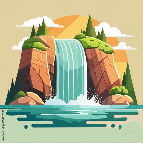 Cartoon waterfall landscape with rocks, trees, and water, in a flat vector style.