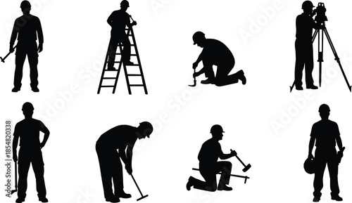 Construction worker silhouettes set, repair and surveying activities, ladder and kneeling work poses, industrial tools usage, safety helmets, black vector illustration