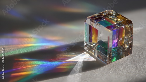 Optical Dispersion with a Prismatic Crystal Cube on White Surface Casting Rainbow Spectrum Reflections in Studio Lighting