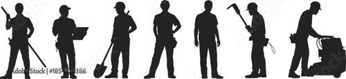 Construction worker silhouettes with tools and equipment, builders, technicians and industrial laborers, black vector illustration set for engineering and building concepts