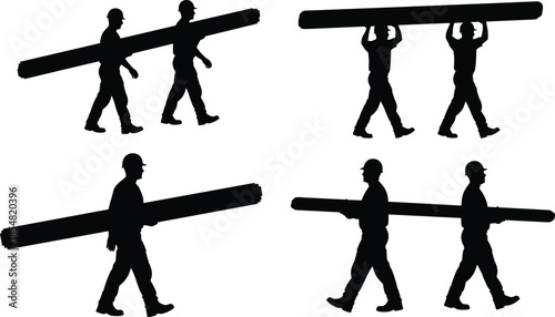 Construction workers carrying wooden beams silhouettes, teamwork and manual labor actions, industrial safety helmets, building material transport, black vector illustration
