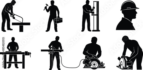 Industrial worker silhouettes collection, construction and factory labor activities, professional craftsmen operating machinery tools, safety helmet profiles, black flat vector illustration