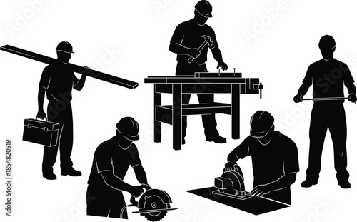 Industrial worker silhouettes set, carpentry and construction labor activities, craftsmen using hand and power tools, workshop safety helmets, black vector illustration