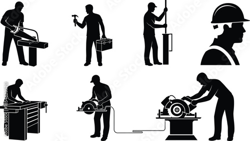Industrial worker silhouettes set, construction and factory labor activities, professional craftsmen using tools, safety helmet profiles, black vector illustration isolated