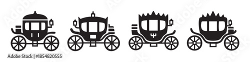 Four elegant horse-drawn carriages are depicted as black silhouette icons, representing luxury, history, and classic transportation.