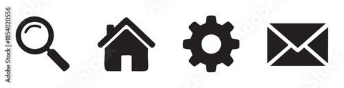 Four black user interface icons representing common web functions like search, home, settings, and mail, essential for modern digital navigation.