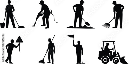 Road construction worker silhouettes set, laborers cleaning digging raking and operating machinery, black vector illustration collection for street maintenance and public works projects