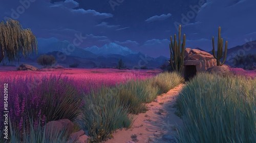 Pixelated Desert Landscape Featuring Field Of Purple Flowers and a Small Structure Under a Starry Night Sky