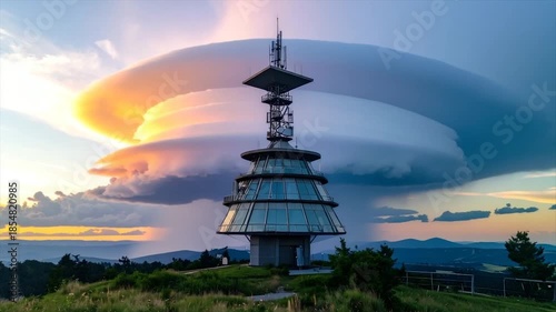 A tiered, glass-walled structure topped with antennas under dramatic, layered clouds