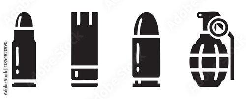 Ammunition and grenade icons representing various types of weaponry and explosive devices in a simple black and white vector illustration.