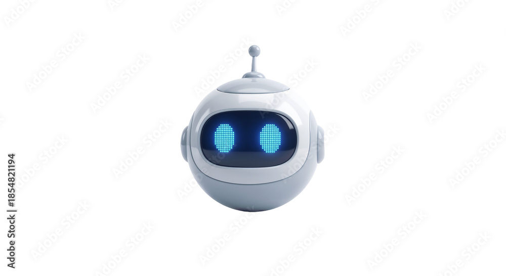 Obraz premium Robot with blue lights and round shape stands on a white background as a technology concept in the modern world