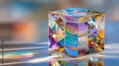 Prismatic Cube Reflecting Light on Glass Surface with Rainbow Colors and Soft Focus Background Creating Abstract Geometric Art Crystal Structure