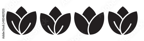 Four stylized plant buds arranged in a row, showcasing a minimalist black and white graphic design suitable for various creative projects.