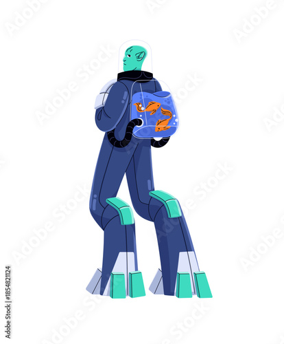 Alien stands with space backpack. Humanoid character, monster from another planet, universe. Freak astronaut of UFO, spaceman of extraterrestrial spaceship. Flat isolated vector illustration on white
