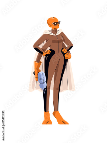 Character of alien or space monster holds blaster. Extraterrestrial humanoid stands with gun in hand. Astronaut of UFO is on invasion of planet. Flat isolated vector illustration on white background
