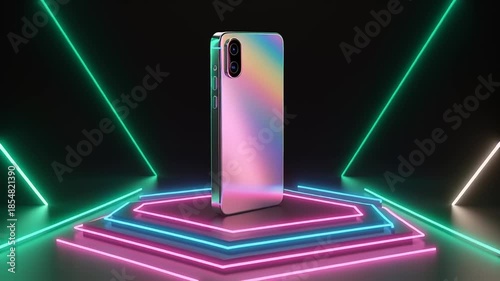 Sleek smartphone displayed on a glowing geometric platform with neon lights in a dark environment