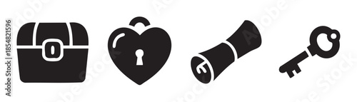 Treasure chest, heart padlock, scroll, and key icons are arranged in a row, symbolizing themes of adventure, discovery, secrets, and love.