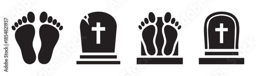 Footprints and tombstones icons representing life's journey, death, remembrance, and the passage of time in a simple graphic style.