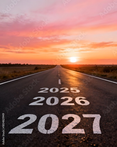 Road marked with years represents planning, strategic choices, career paths, business decisions, long-term vision, opportunity evaluation, and embracing change.