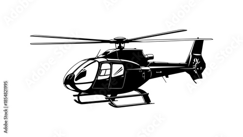 Vector illustration of a helicopter in flight viewed from the side against a white background