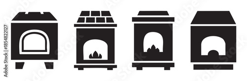 Various wood burning stoves and fireplaces icons in a simple black and white graphic style representing heating appliances for homes.