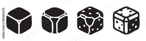 Four stylized black and white dice showcase a captivating visual evolution from basic geometric forms to intricate gaming elements.
