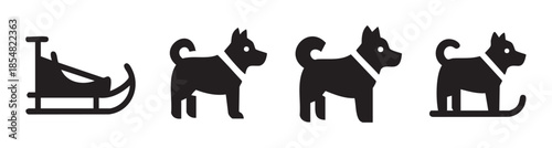Sled dogs and a sleigh icon set representing winter sports and arctic adventures, perfect for graphic design elements and seasonal themes.
